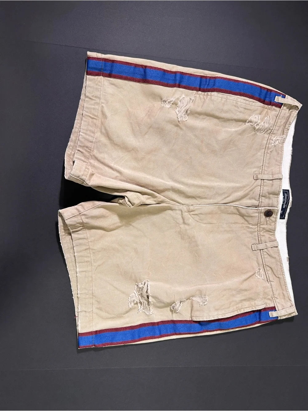 Abercrombie & Fitch Khaki Shorts with Blue and Red Side Stripes